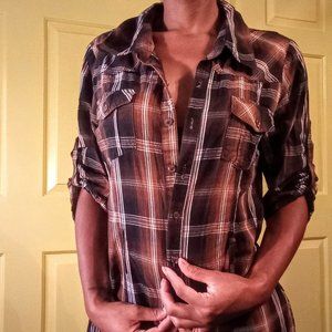 METRO WEAR button up brown plaid stripe top